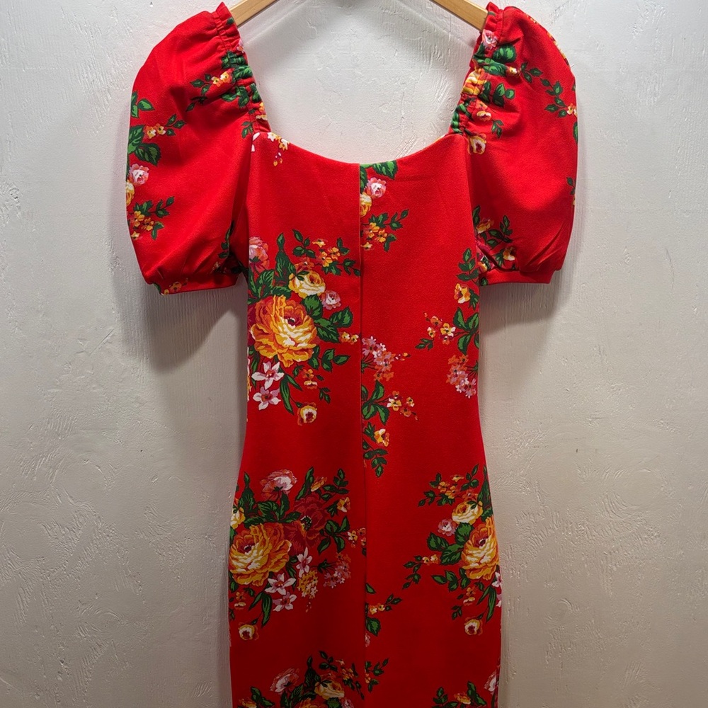 Betsey Johnson Red Fire Flower Milkmaid Mini Dress Floral Puff Sleeve Ruched Y2K - Picture 6 of 8